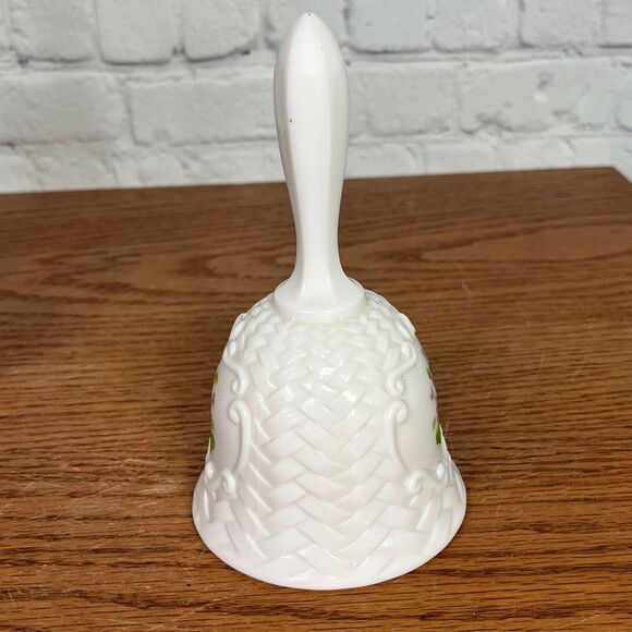 PRICE DROP Fenton Vtg white milk glass bell handpainted, violets in snow - Picture 3 of 5